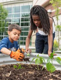 Photo of two children gardening.