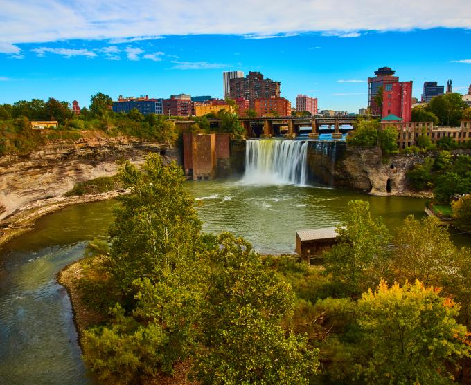 Aerial photo of HIgh Falls in Rochester, New York.