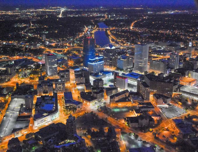 Aerial photograph of downtown Rochester at night.